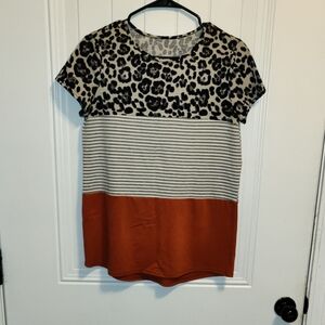 Leopard Print and Striped Colorblock Top